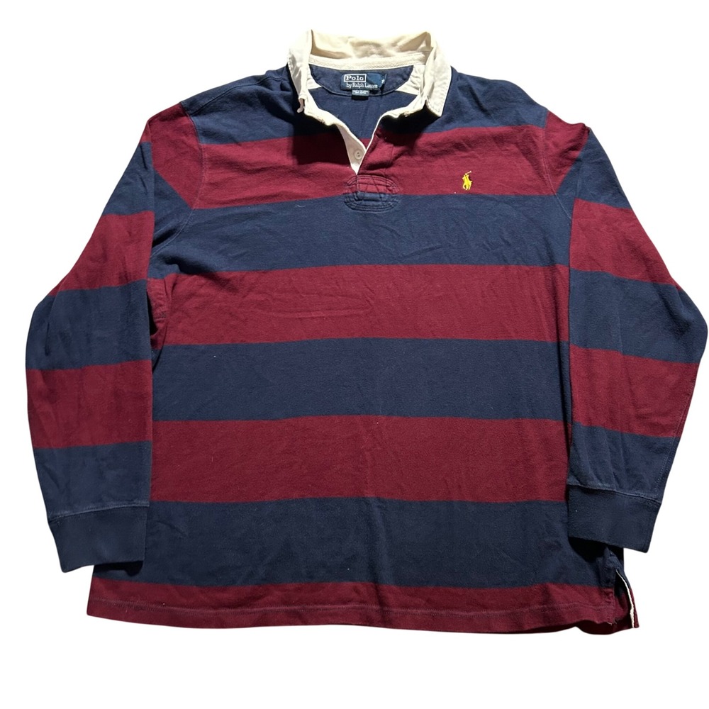 Polo Ralph Lauren Rugby Shirt Mens XL Navy Burgundy Striped Long Sleeve Pony